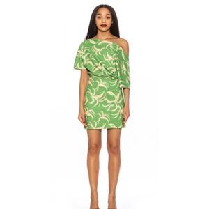 Alexia Admor Suri Draped One Shoulder Mini Dress in abstract green. Size XS NWOT